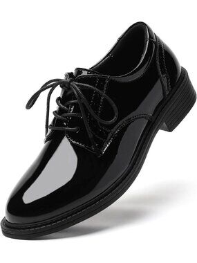 Women's Shine Black Round Toe Lace up Formal Oxford Shoes for Office Ladies
